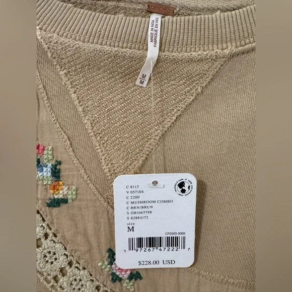 free people women’s floral crewneck sweatshirt - beige size medium nwt - Picture 3 of 6